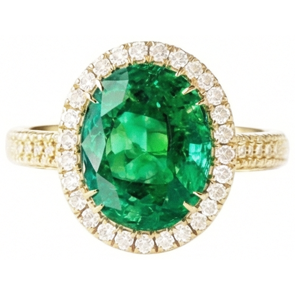 4 Ct Oval Cut Green Emerald With Halo Natural Earth Mined Diamond ( Not Lab Grown ) Ring 14K Yellow Gold
