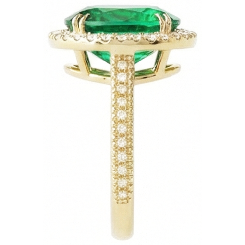 4 Ct Oval Cut Green Emerald With Halo Natural Earth Mined Diamond ( Not Lab Grown ) Ring 14K Yellow Gold