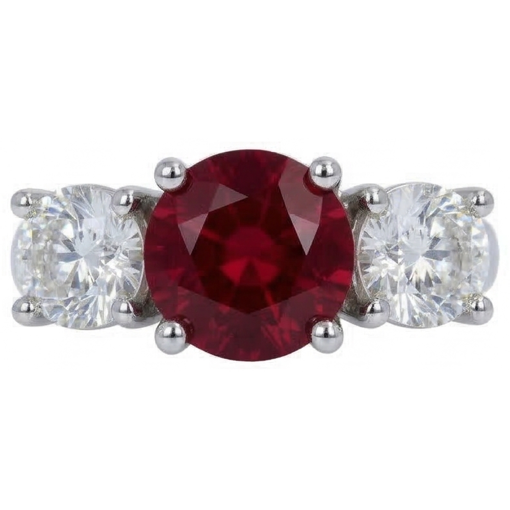 4 Ct Ruby And Round Natural Earth Mined Diamond ( Not Lab Grown ) 3 Stone Ring White Gold Lady Jewelry
