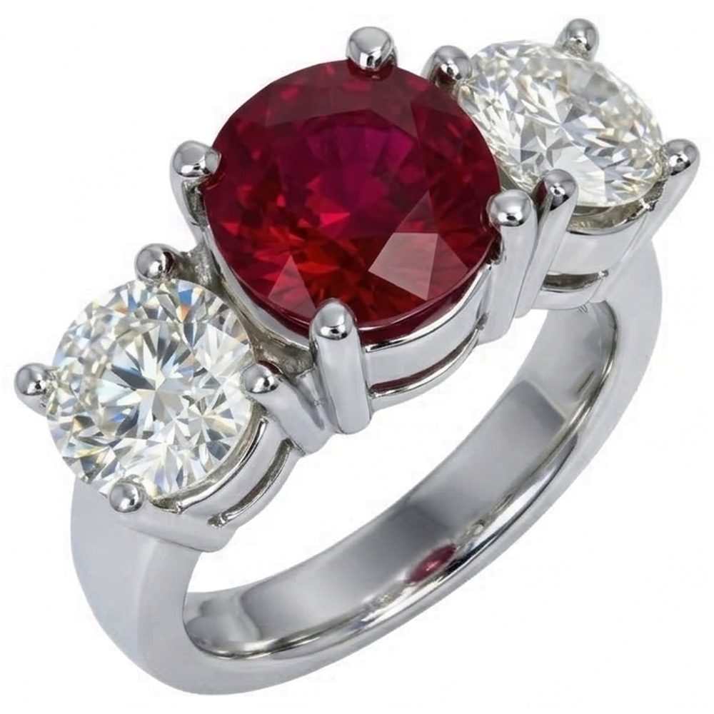 4 Ct Ruby And Round Natural Earth Mined Diamond ( Not Lab Grown ) 3 Stone Ring White Gold Lady Jewelry