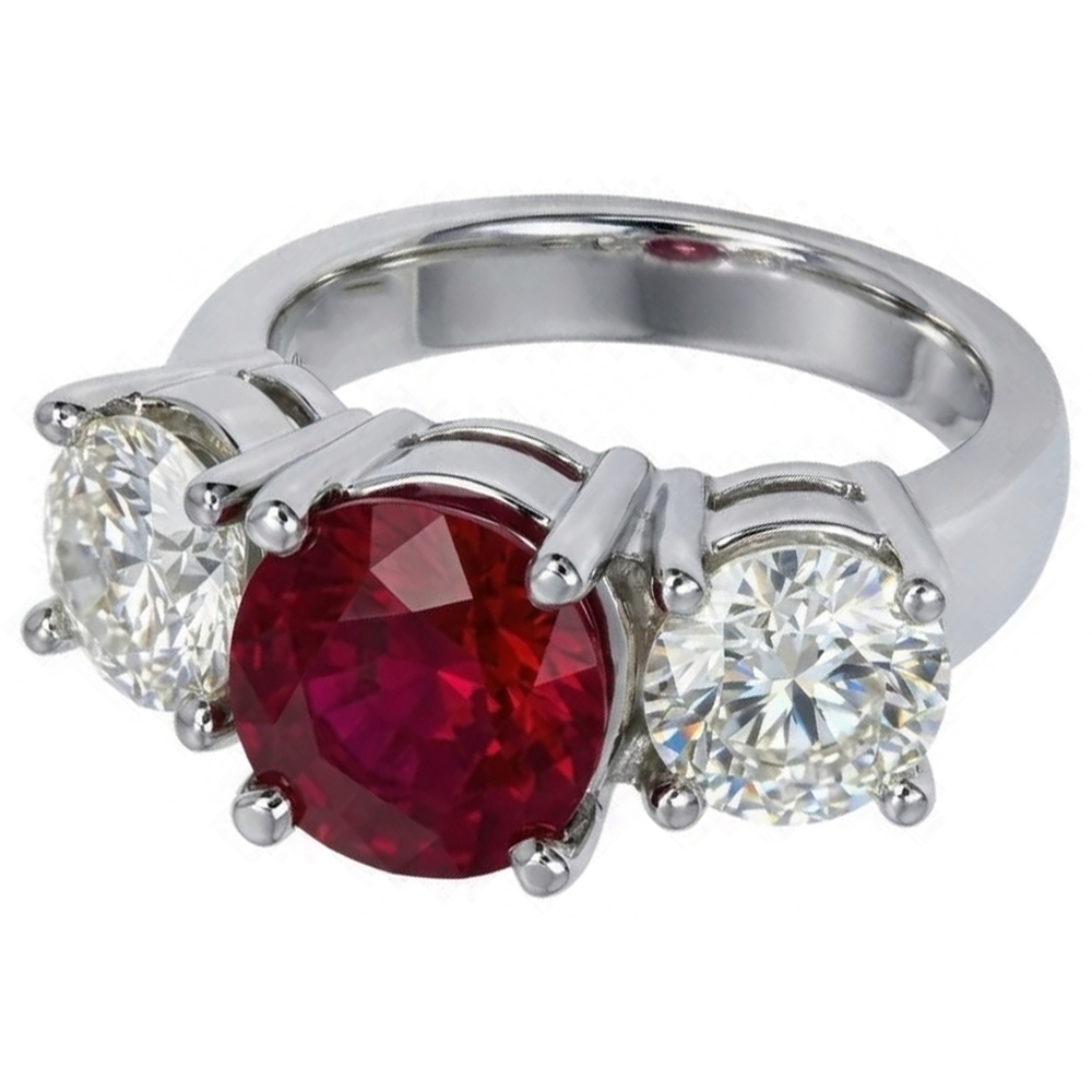 4 Ct Ruby And Round Natural Earth Mined Diamond ( Not Lab Grown ) 3 Stone Ring White Gold Lady Jewelry