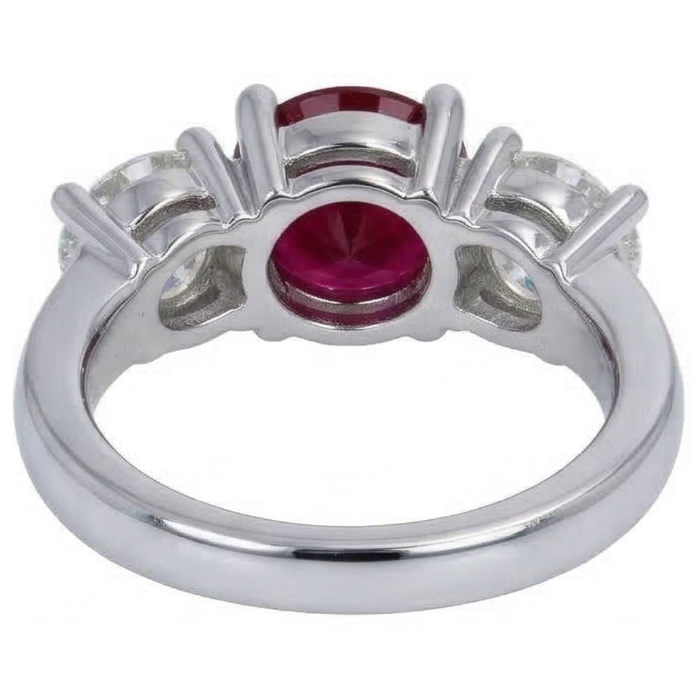 4 Ct Ruby And Round Natural Earth Mined Diamond ( Not Lab Grown ) 3 Stone Ring White Gold Lady Jewelry