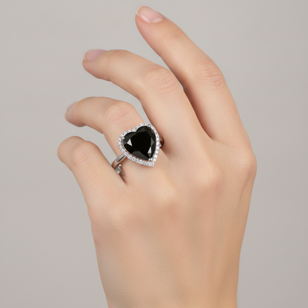 Black Diamond Marriage Ring 9 Carat Genuine Heart Halo 14K White Gold
