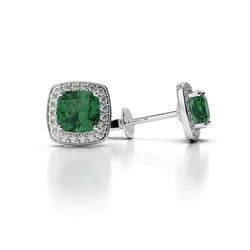 4.20 Carats Cushion Green Emerald And Natural Earth Mined Diamond Stud Halo Earrings