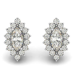 4.20 Carats Marquise And Round Cut Real Diamonds Studs Earrings Halo WG 14K