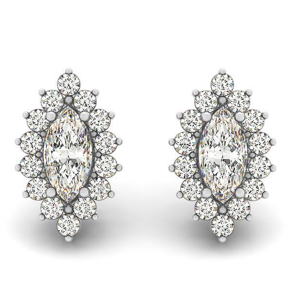 4.20 Carats Marquise And Round Cut Real Diamonds Studs Earrings Halo WG 14K