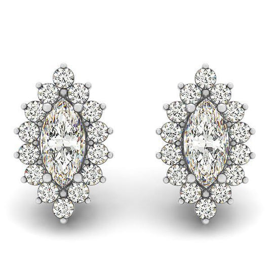 4.20 Carats Marquise And Round Cut Real Diamonds Studs Earrings Halo WG 14K