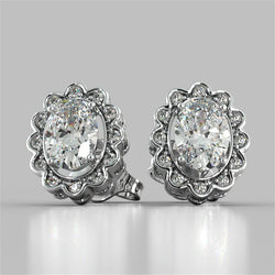 4.24 Carats Oval And Round Halo Real Natural Earth Mined Diamond Lady Stud Earring White Gold 14K