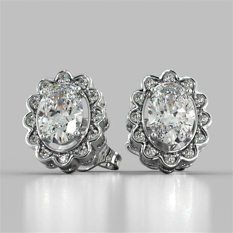 4.24 Carats Oval And Round Halo Real Diamond Lady Stud Earring White Gold 14K