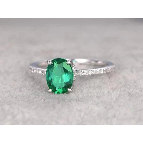 4.25 Carats Oval Cut Green Emerald And Diamond Ring White Gold 14K