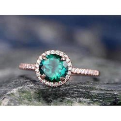 4.40 Carats Round Shaped Green Emerald With Natural Earth Mined Diamond Ring Rose Gold 14K