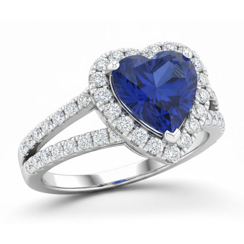 4.45 Ct Blue Heart Cut Sapphire And Natural Earth Mined Diamond ( Not Lab Grown ) Fancy Ring White Gold 14K