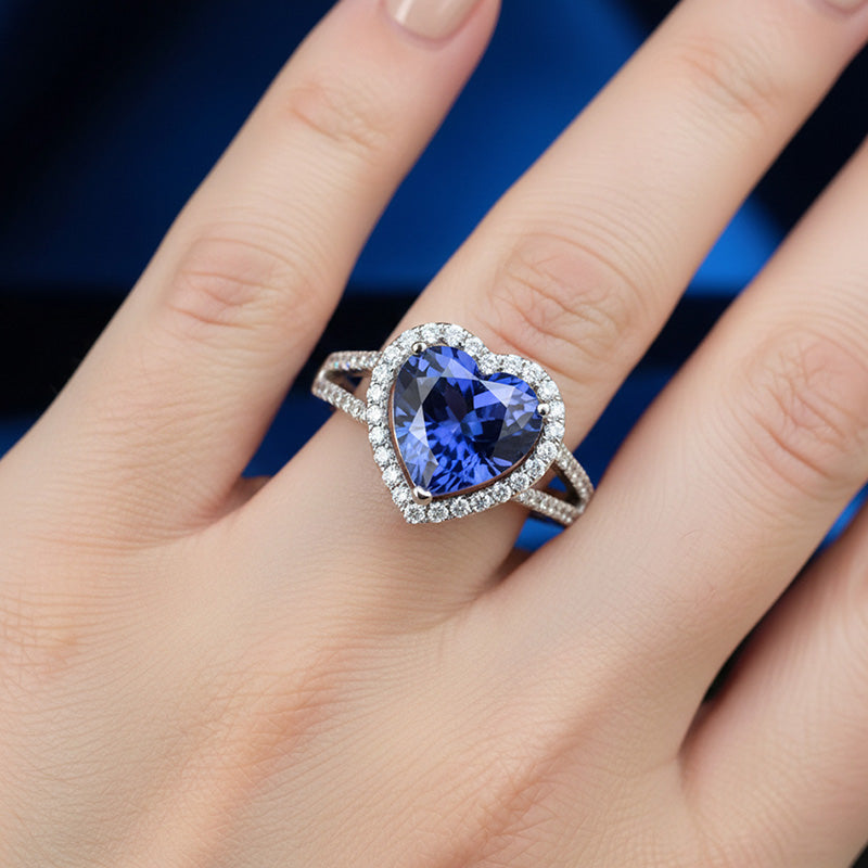 4.45 Ct Blue Heart Cut Sapphire And Natural Earth Mined Diamond ( Not Lab Grown ) Fancy Ring White Gold 14K