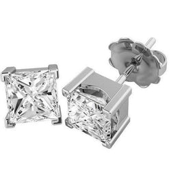 4.50 Ct. Princess Cut Prong Set Real Diamonds Studs Earrings White Gold 14K