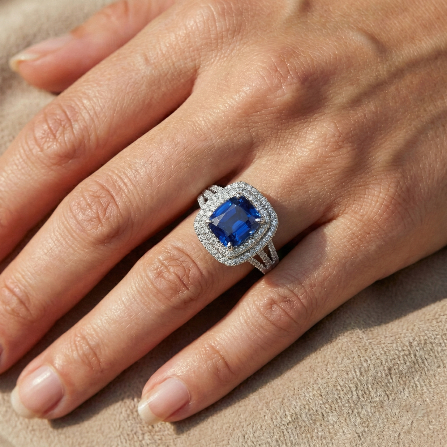 4.50 Ct Cushion Ceylon Blue Sapphire And Round Natural Earth Mined Diamond ( Not Lab Grown )  Engagement Ring