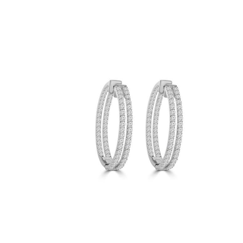 4.50 Ct Double Row Round Cut Real Diamonds Hoop Earrings White Gold 14K