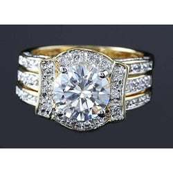 4 Carats Anniversary Ring Set Round Genuine Diamond Yellow Gold 14K