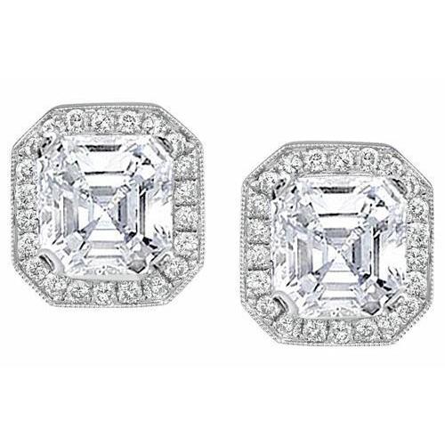 4 Carats Asscher And Round Halo Genuine Diamond Stud Earring White Gold 14K
