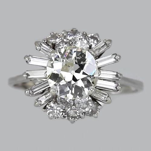 4 Carats Baguette Wedding Round Old Mine Cut Natural Diamond Ring