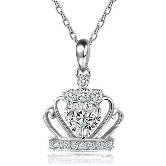 4 Carats Heart & Round Cut Real Diamonds Crown Pendant Necklace White Gold