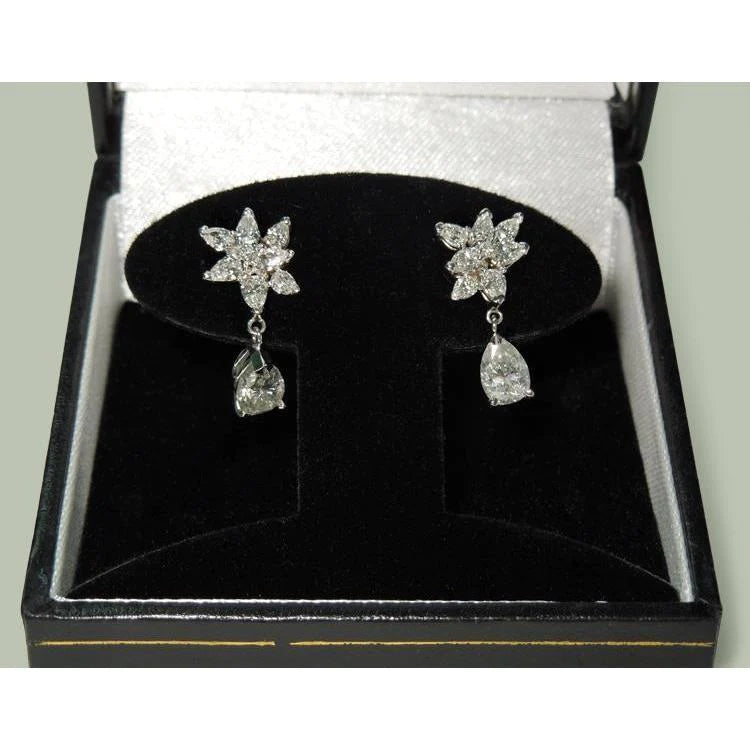 4 Carats Pear Shape Marquise Genuine Diamond Dangle Hanging Earrings