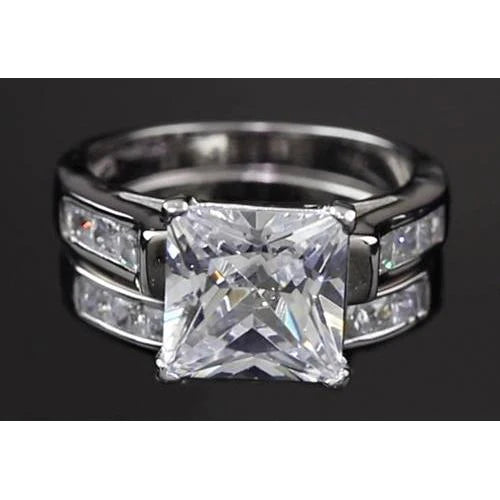 4 Carats Princess Real Diamond Engagement Ring Set White Gold 14K Channel