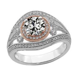 4 Carats Two Tone Halo Ring Round Old Mine Cut Natural Diamond Milgrain