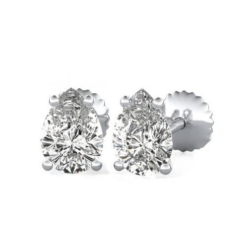 4 Prong Setting Pear Cut Real Diamond Stud Earring Solid White Gold 2 Ct.