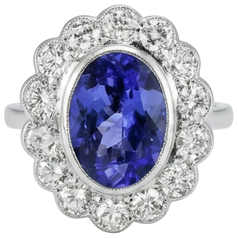 5.15 Ct Oval Bezel Set Tanzanite With Natural Earth Mined Diamond ( Not Lab Grown )s Ring 14K White Gold