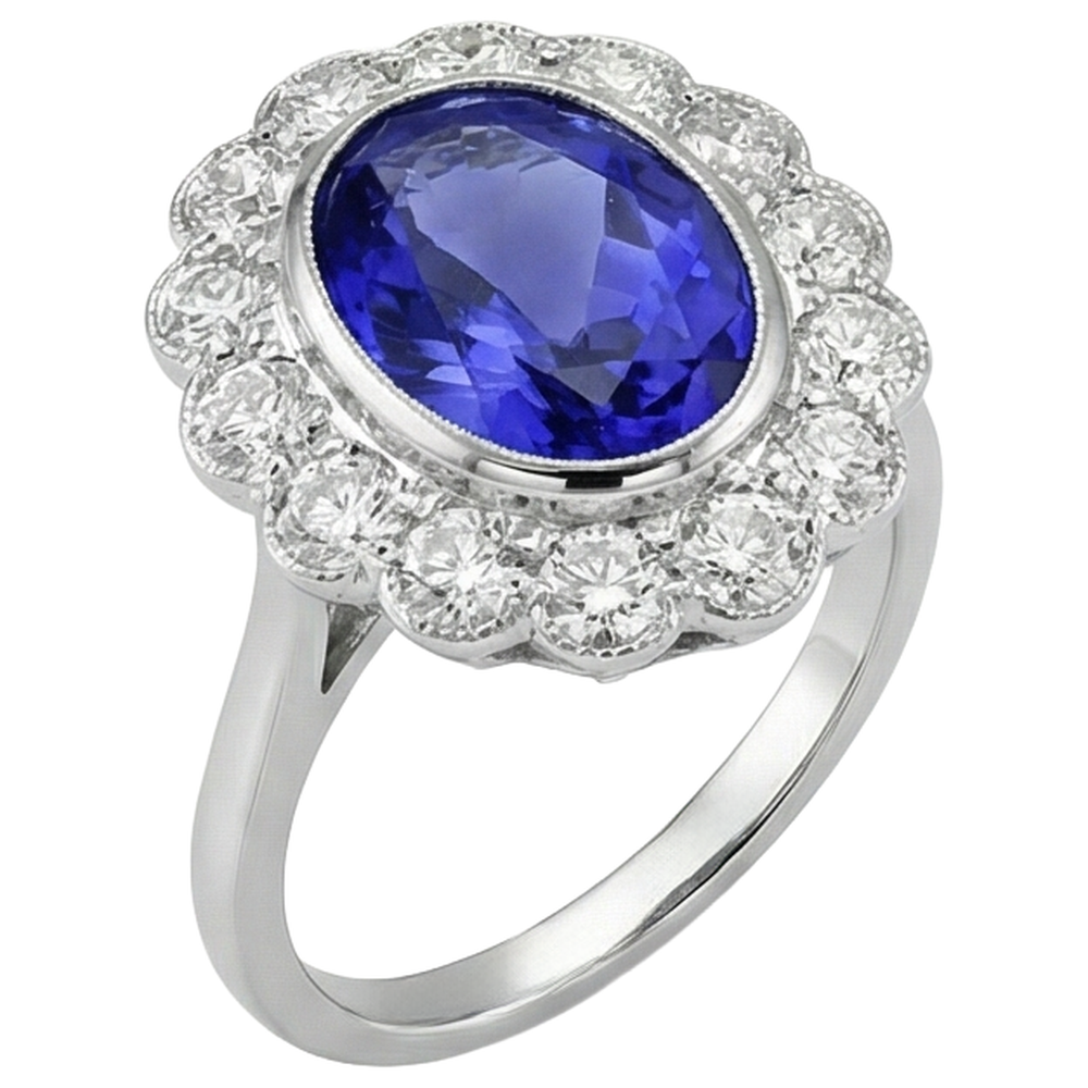 5.15 Ct Oval Bezel Set Tanzanite With Natural Earth Mined Diamond ( Not Lab Grown )s Ring 14K White Gold