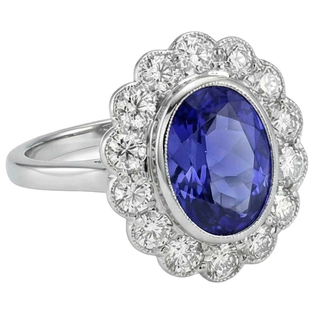 5.15 Ct Oval Bezel Set Tanzanite With Natural Earth Mined Diamond ( Not Lab Grown )s Ring 14K White Gold