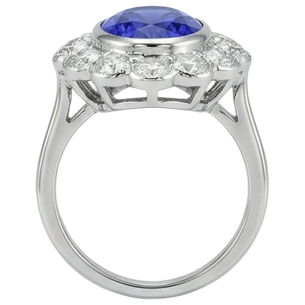 5.15 Ct Oval Bezel Set Tanzanite With Natural Earth Mined Diamond ( Not Lab Grown )s Ring 14K White Gold