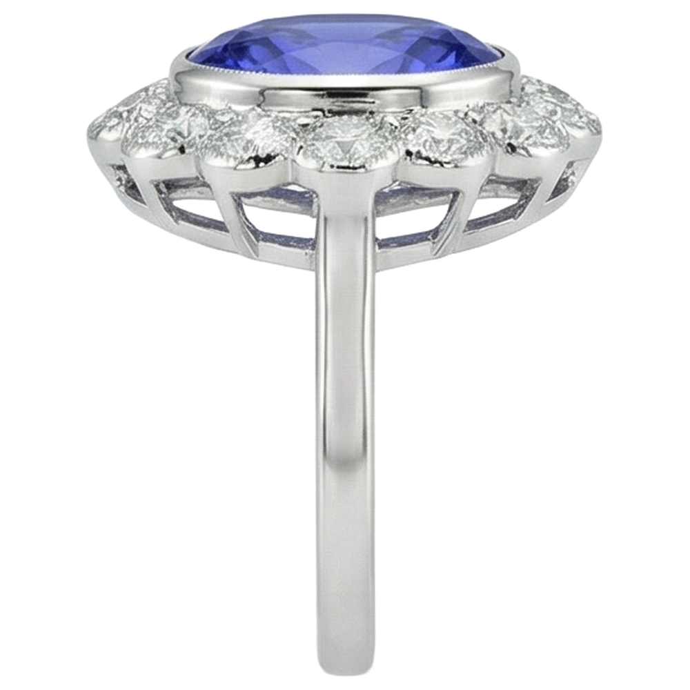 5.15 Ct Oval Bezel Set Tanzanite With Natural Earth Mined Diamond ( Not Lab Grown )s Ring 14K White Gold