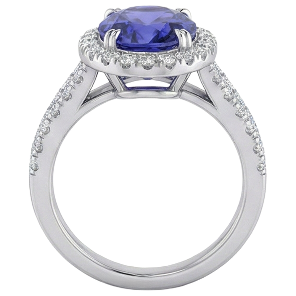 natural round tanzanite 5.25ct ring on white background