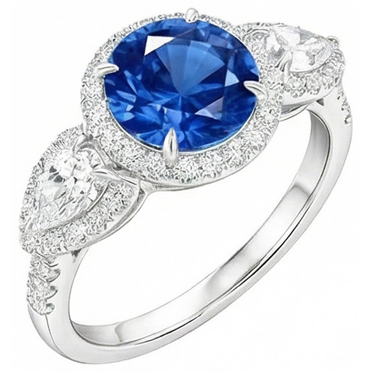5.30 Ct Pear And Round Ceylon Sapphire Natural Earth Mined Diamond ( Not Lab Grown ) s Ring White Gold 14K