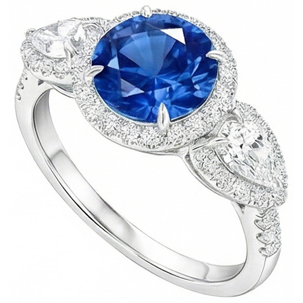 5.30 Ct Pear And Round Ceylon Sapphire Natural Earth Mined Diamond ( Not Lab Grown ) s Ring White Gold 14K