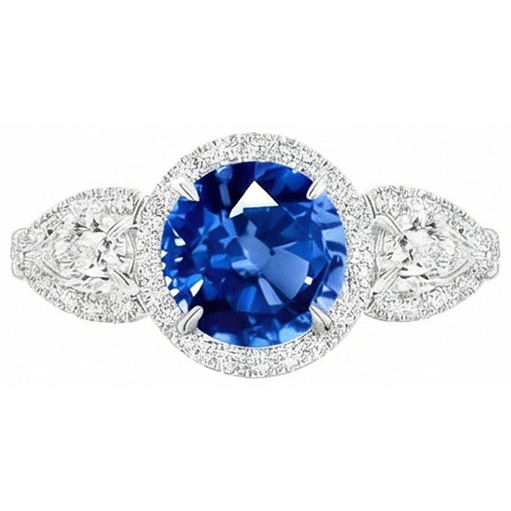 5.30 Ct Pear And Round Ceylon Sapphire Natural Earth Mined Diamond ( Not Lab Grown ) s Ring White Gold 14K