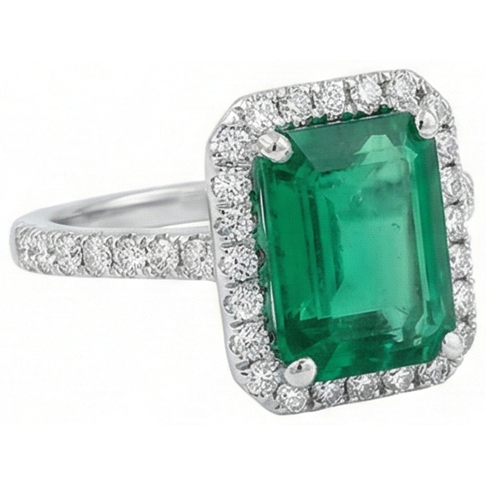 5.45 Carats Green Emerald Cut Emerald With Natural Earth Mined Diamond Wedding Ring 14K
