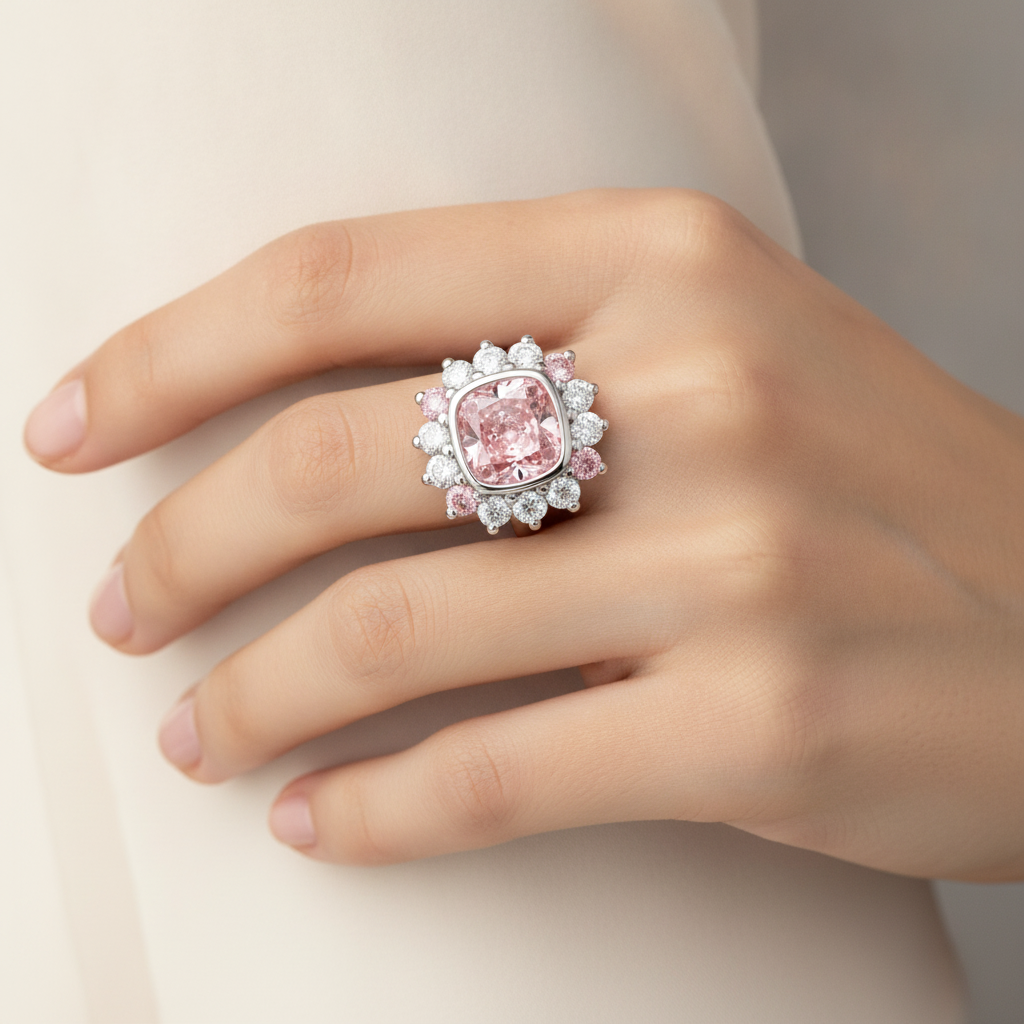 Fancy Pink Diamond 5.5 Carat Lab Grown Cushion Halo Ring 14K White Gold