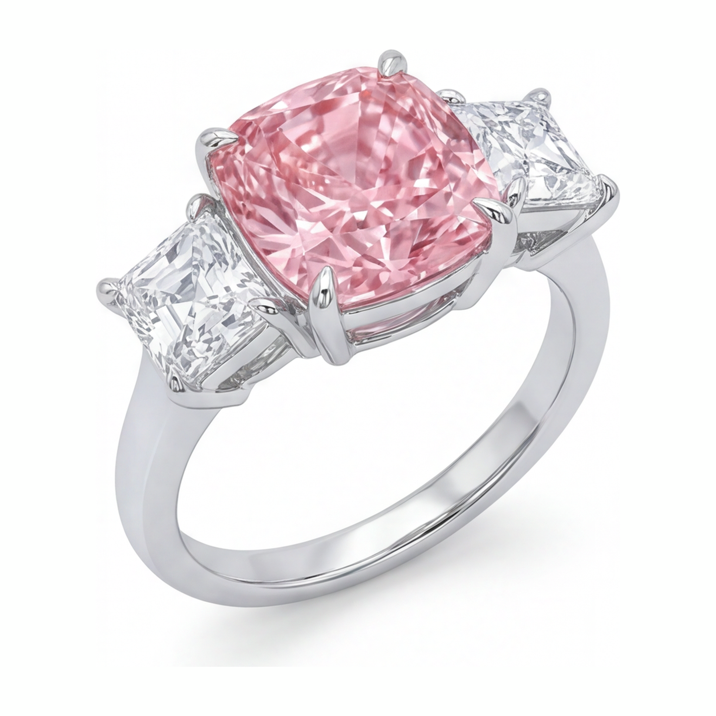 Pink Engagement Ring 5.5 Carat Lab Grown Cushion Diamond Three Stone 14K White Gold