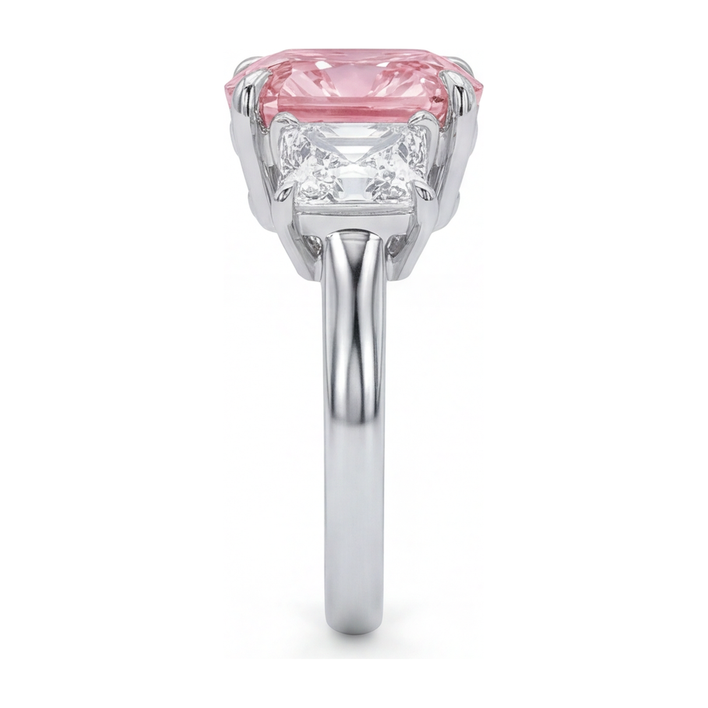 Pink Engagement Ring 5.5 Carat Lab Grown Cushion Diamond Three Stone 14K White Gold