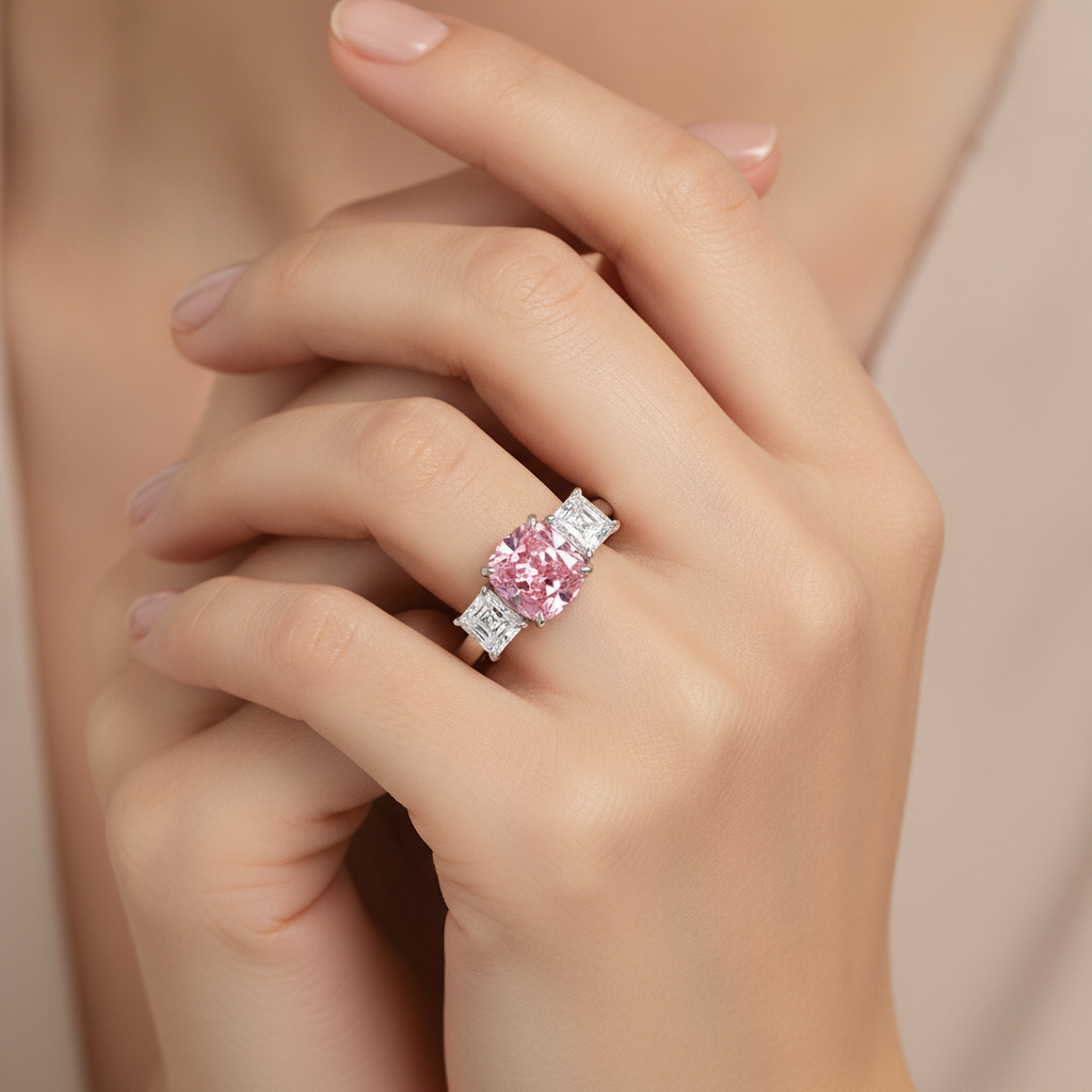 Pink Engagement Ring 5.5 Carat Lab Grown Cushion Diamond Three Stone 14K White Gold