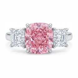 Pink Engagement Ring 5.5 Carat Lab Grown Cushion Diamond Three Stone 14K White Gold