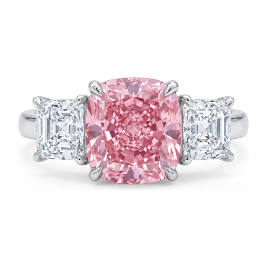 Pink Engagement Ring 5.5 Carat Lab Grown Cushion Diamond Three Stone 14K White Gold