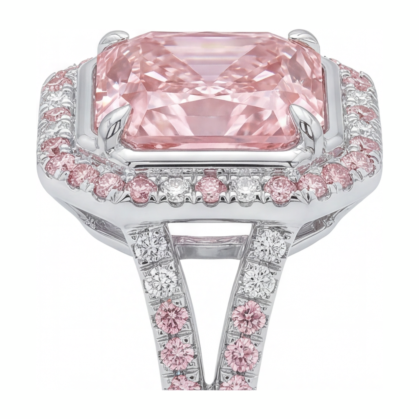 Pink Engagement Ring 5.5 Carat Lab Grown Radiant Diamond Halo Split Shank 14K White Gold