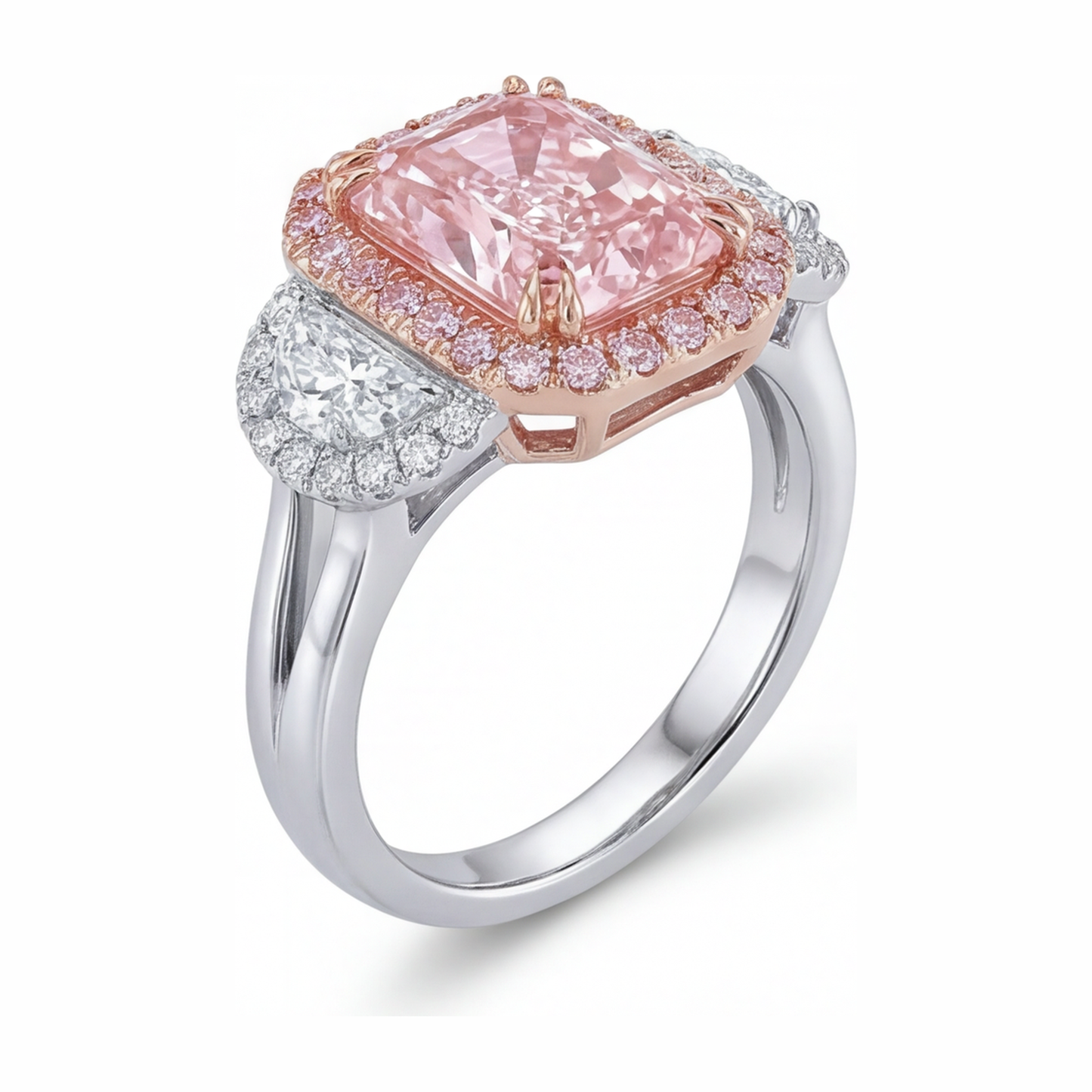 Pink Diamond Engagement Ring 5.5 Carat Lab Grown Radiant Halo Plain 14K White Gold