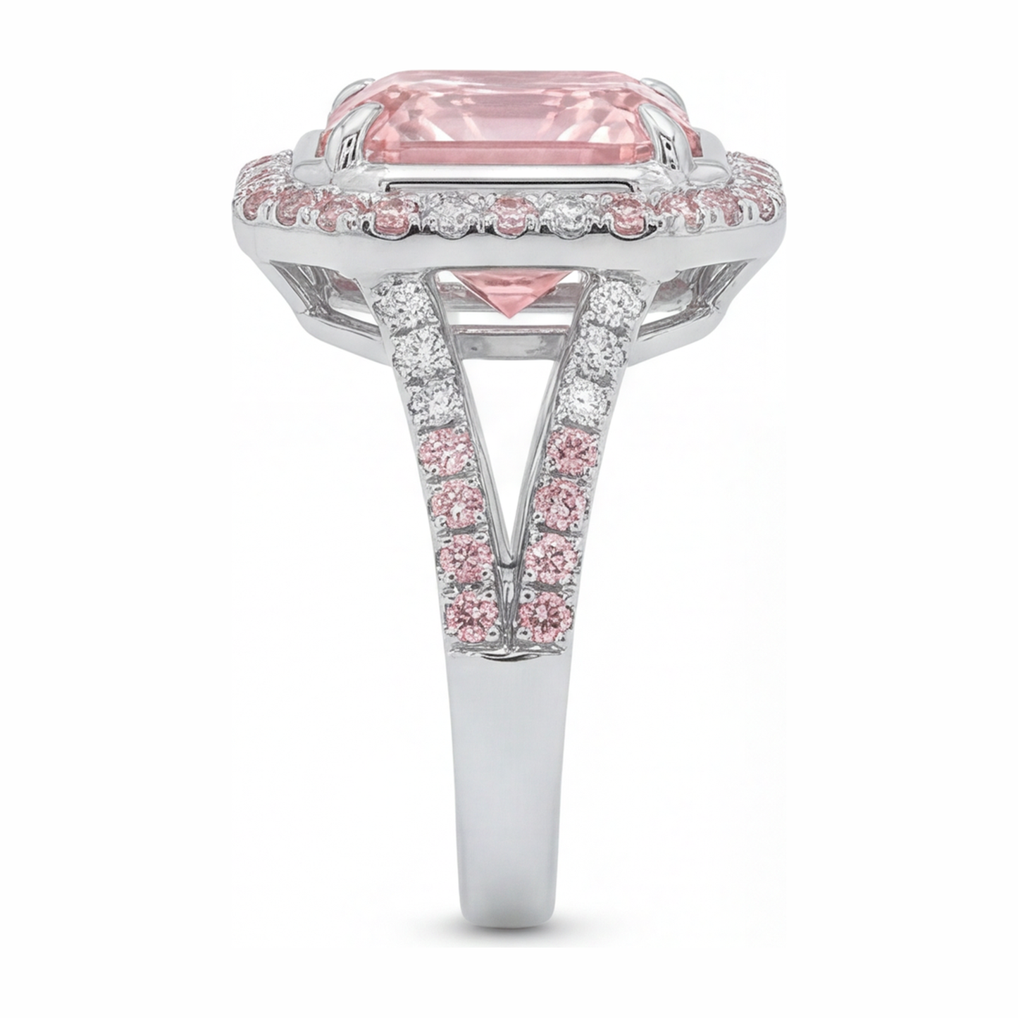 Pink Engagement Ring 5.5 Carat Lab Grown Radiant Diamond Halo Split Shank 14K White Gold