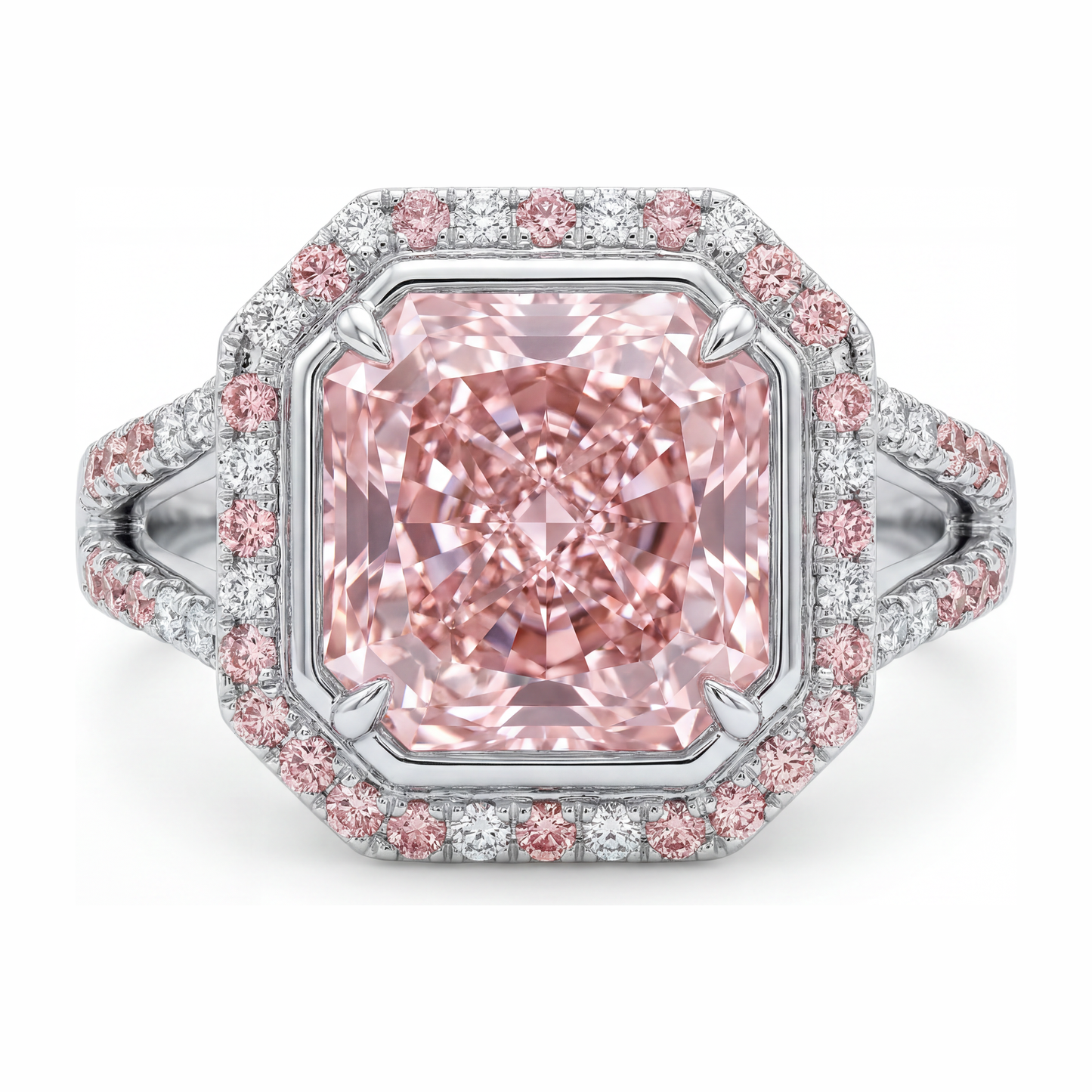 Pink Engagement Ring 5.5 Carat Lab Grown Radiant Diamond Halo Split Shank 14K White Gold