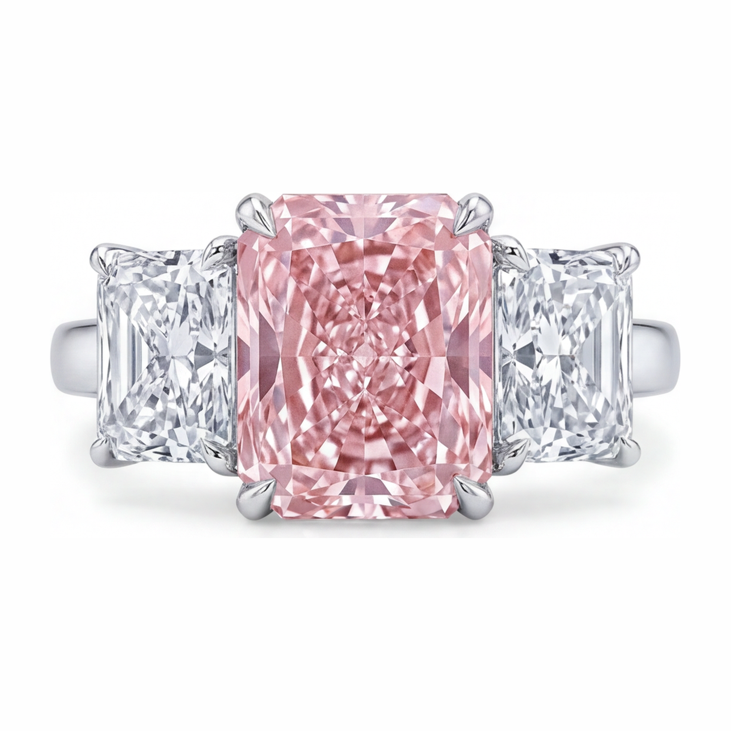 Pink Stone Engagement Ring 5.5 Carat Lab Grown Radiant Diamond Three Cathedral 14K White Gold
