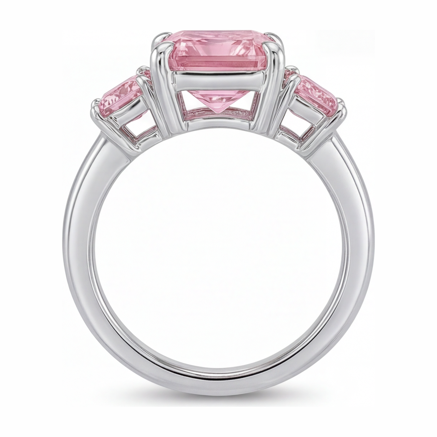 Pink Diamond Engagement Ring 5.5 Carat Lab Grown Radiant Three Stone Plain 14K White Gold